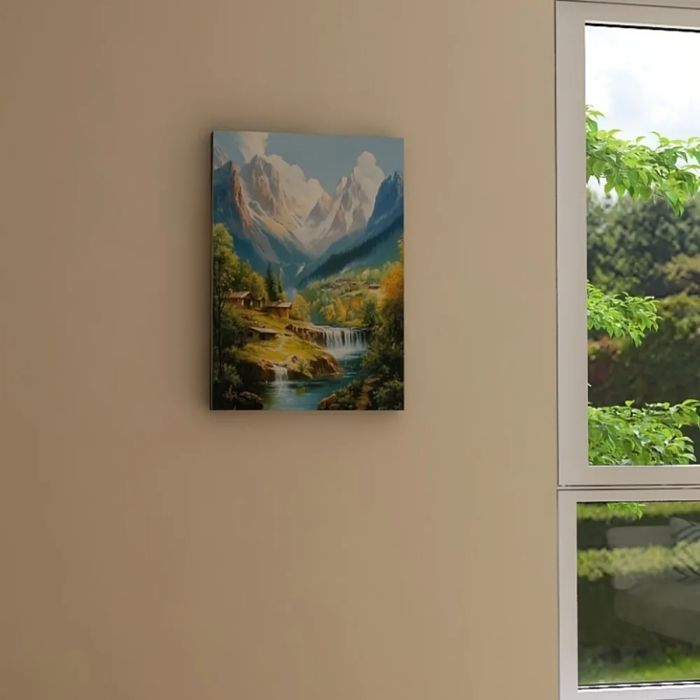 

Scenic art, solemn mountain stream, with houses and trees, pine frame, perfect for interior decoration