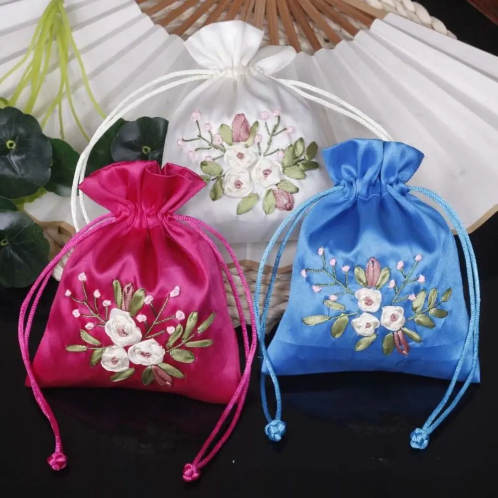 Bolsa pequeña con cordón para guardar dulces, bolsa de almacenamiento con bordado de flores, Perfume, especias, hierbas fragantes, monedero