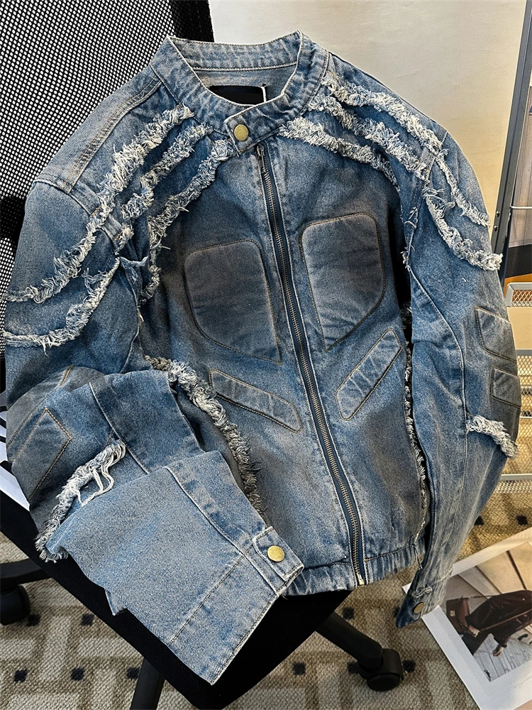 Retro Distressed Denim Short Jacket Loose Fit Stand Collar Men's And Women's Street Style Fashion Carvings Outerwear