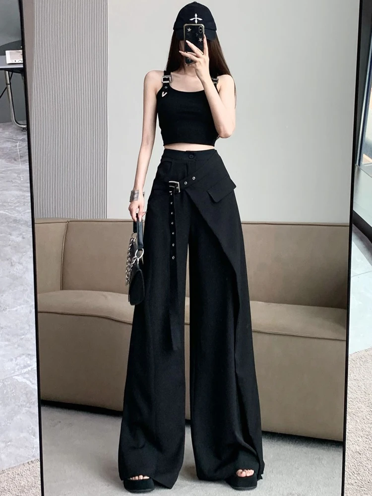 Unique Belt Black Suit Pants Fake Two Pieces Wide Leg Straight Pants For Women Commuting High Waist High-grade Sense Trousers