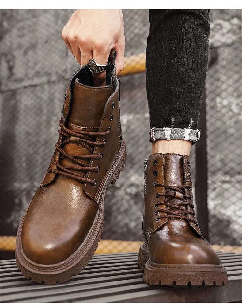 6cm Invisible Height Increasing Men Boots Leather Outdoor Autumn Winter Shoes Warm Non-Slip Comfortable Elevator Ankle Boots