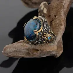 Men's Ring, Antique Style Ring, Oval Blue Gemstone Ring with Oxidation Treatment, Men's Birthday Gift