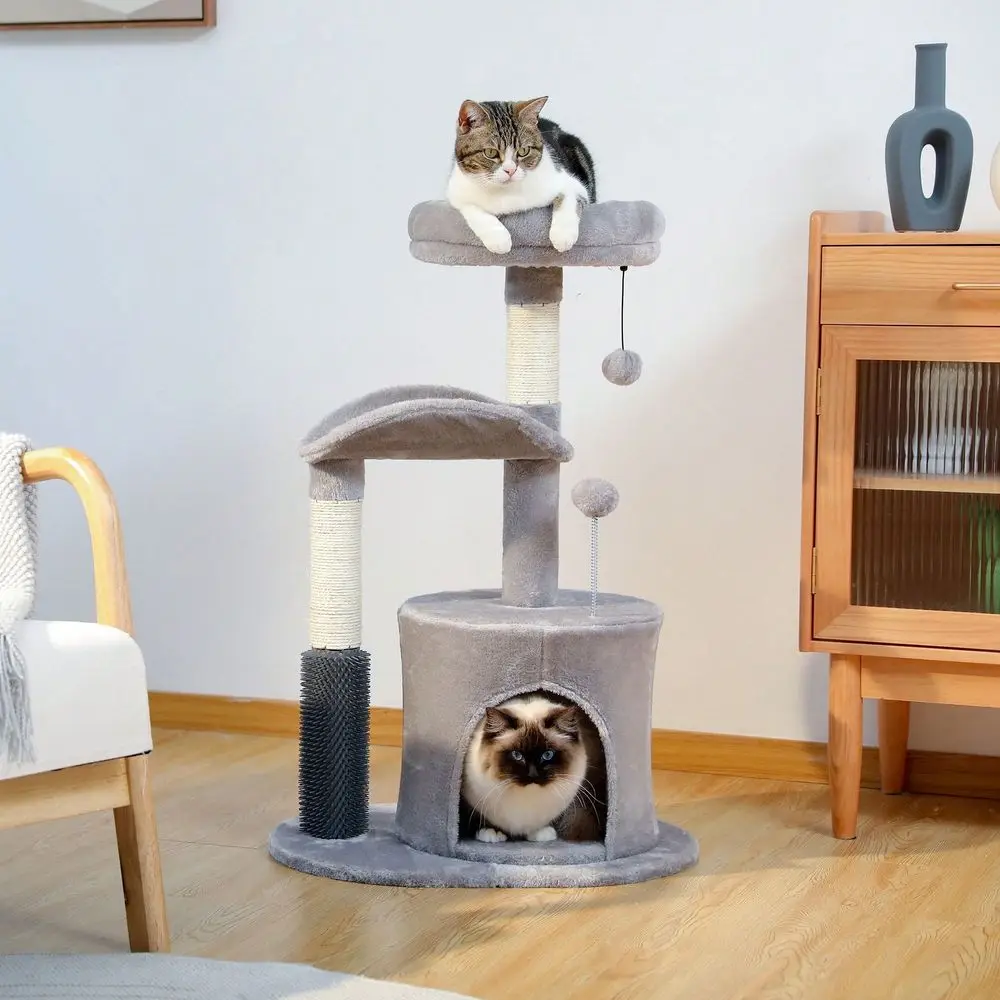 

Cat Tree Tower For Indoor With Self Groomer Brush, Sisal ching Post, Dangling Ball For Small, Medium Cats, Gray