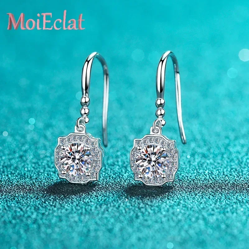 Square Wrapped Platinum Pt950 Drop Earrings for Women, Four Claws 1/2ct Moissanite Diamond Hook Earring Wedding Fine Jewelry
