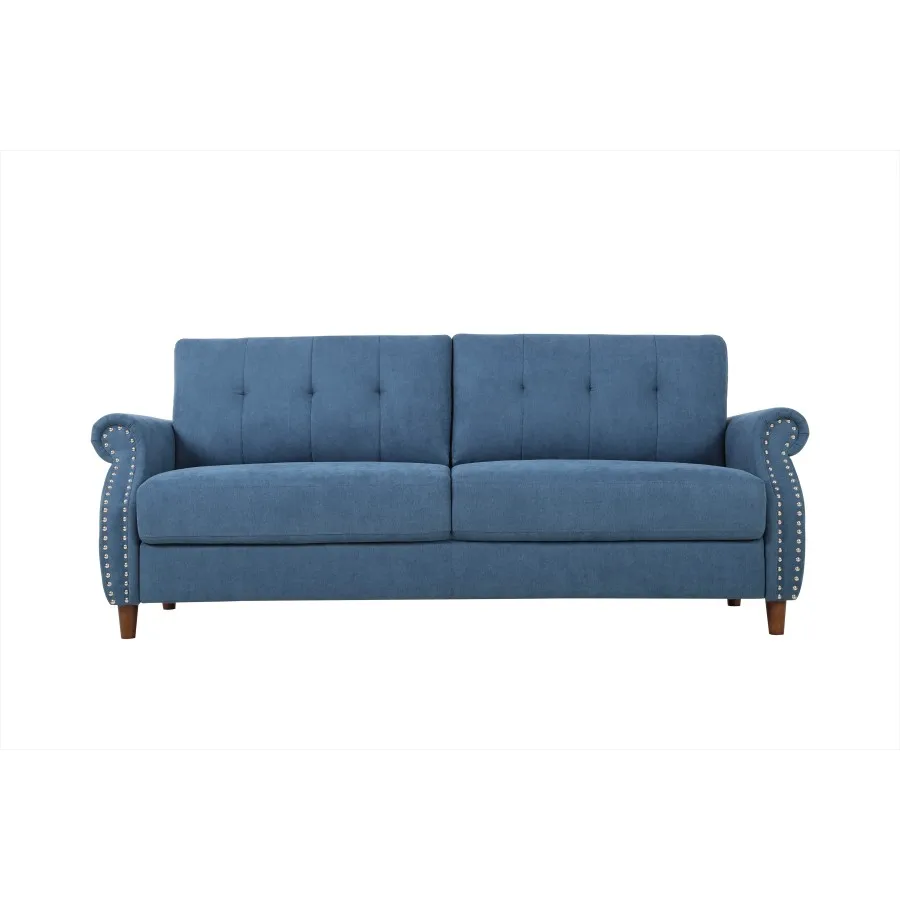 Transitional Button Tufted Loveseat Sofa, Rolled Arm with Nailhead Trim Polyester Fabric 2-Seater Couch, Solid Pine Frame Round