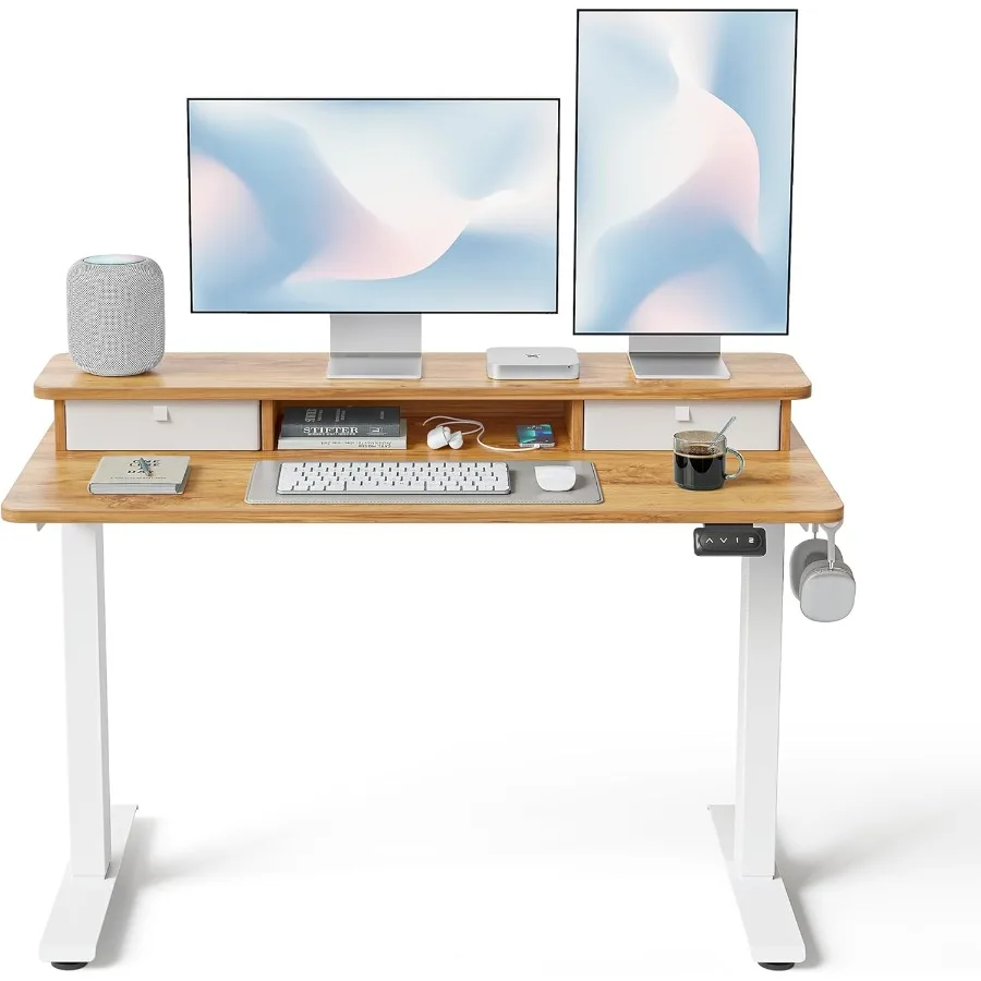 48'' x 24'' Adjustable Standing Desk with Double Drawers for Home Office Setup Height-Adjustable Stand-Up Table with 4 Sturdy F