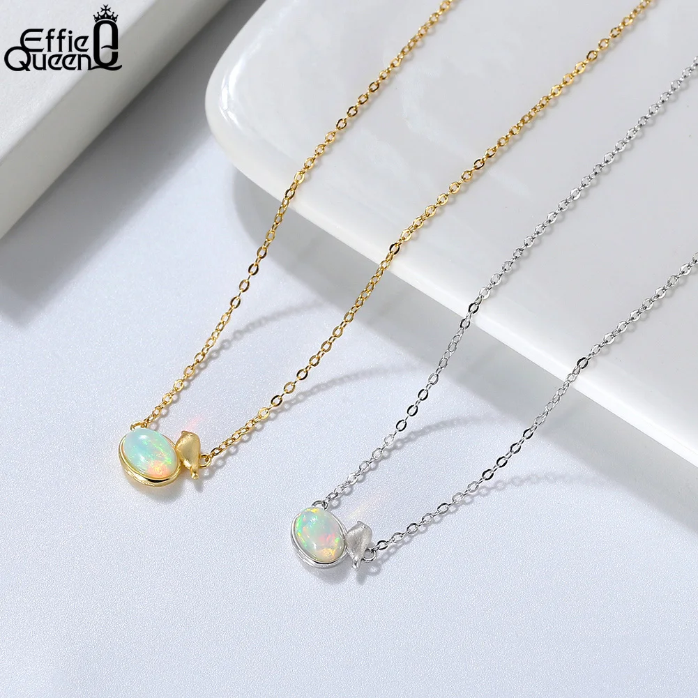 EFFIE QUEEN 925 Sterling Silver Natural Oval Opal Pendant Necklace Cable Chain Little Bird Decoration Neck Accessory Gift GMN03