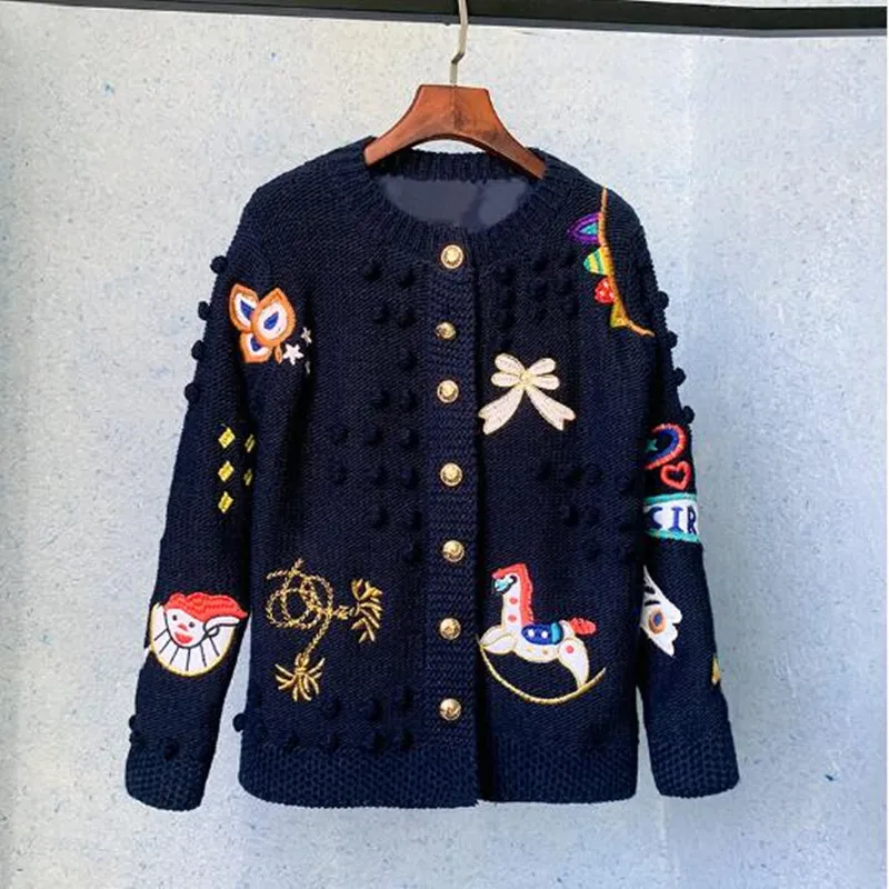 2024 Christmas Runway Designer Cartoon Embroidery Sweater Cardigan Women Long Sleeve Knitted coat Female autumn winter Clothes