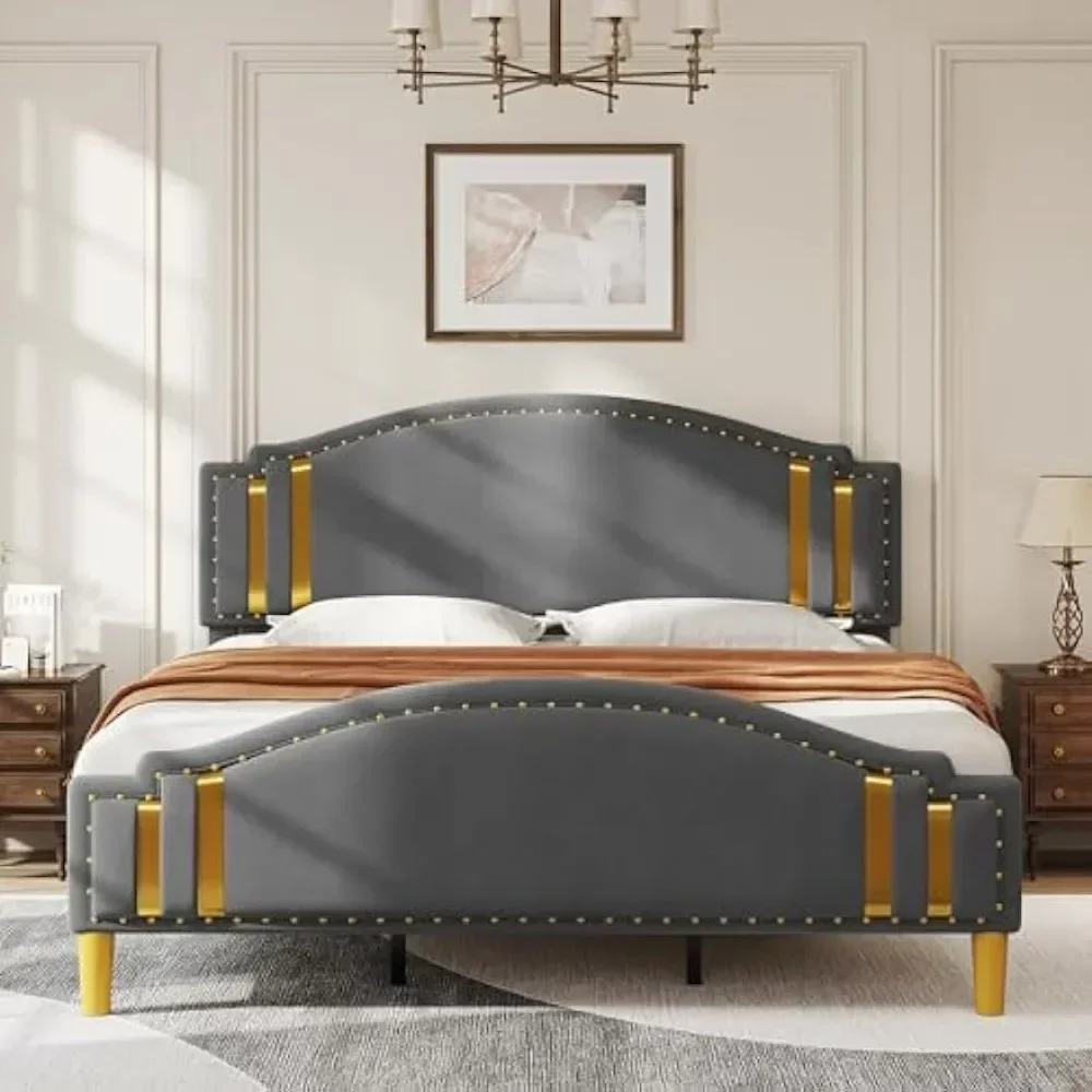 Full/King Velvet Bed Frame with Adjustable Headboard,Upholstered Headboard and Footboard,Stable Metal Base & Sturdy Wood