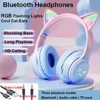 Auriculares Bluetooth con luz LED y flash, bonitos auriculares inalámbricos con orejas de gato y micrófono para niñas, estéreo, geniales auriculares RGB con Bluetooth 5.1