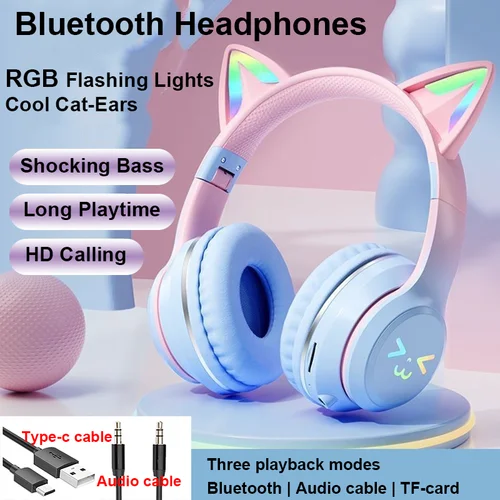 Auriculares Bluetooth con luz LED y flash, bonitos auriculares inalámbricos con orejas de gato y micrófono para niñas, estéreo, geniales auriculares RGB con Bluetooth 5.1