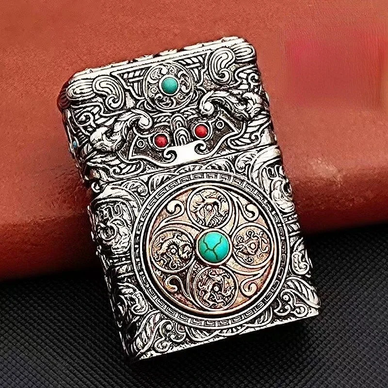 Heavy Armor Embossed Kerosene Lighter Rotatable Decompression Astrolabe Four-image Grinding Wheel Pure Copper Old Collection