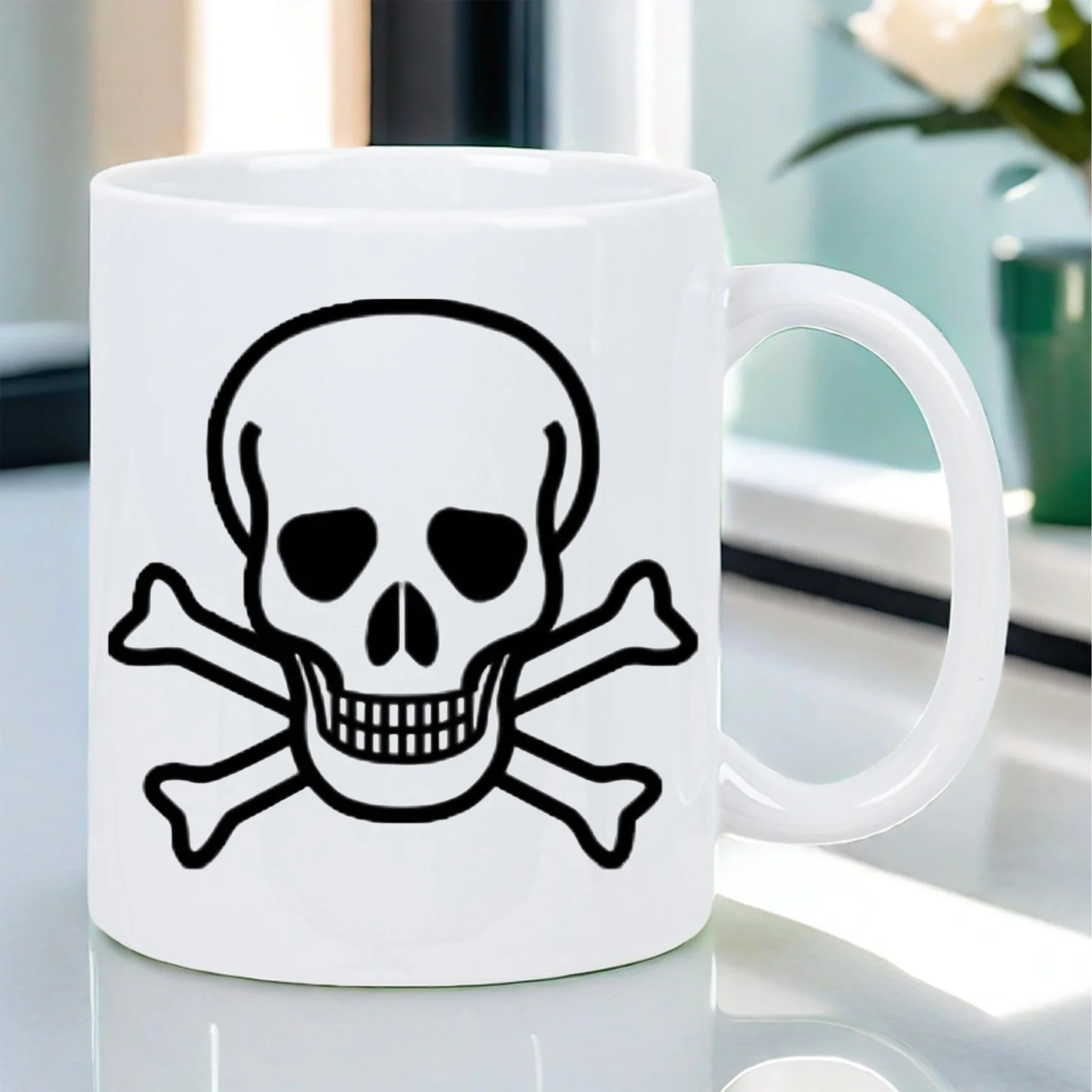 Pirate skull and crossbones ceramic mug, decorated with a black pirate flag logo, suitable for coffee, tea or hot drinks.