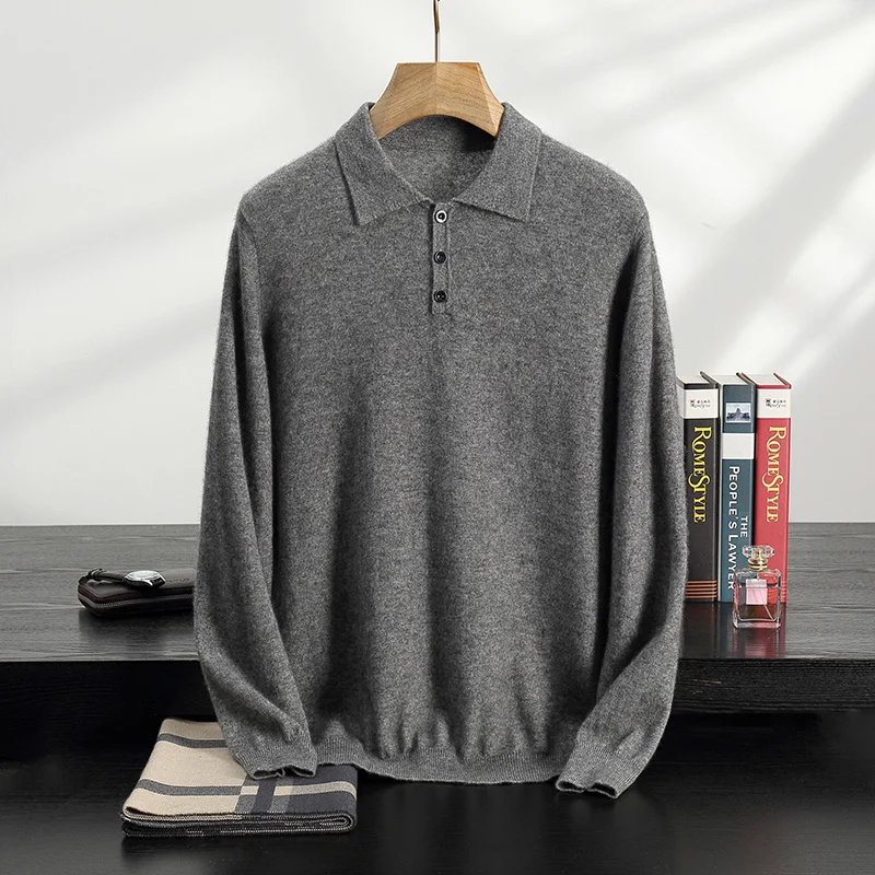 Męski sweter z czystego kaszmiru z kołnierzykiem POLO Jesienno-zimowy sweter z klapami Biznesowa bluzka luksusowa Luźna ciepła koszula