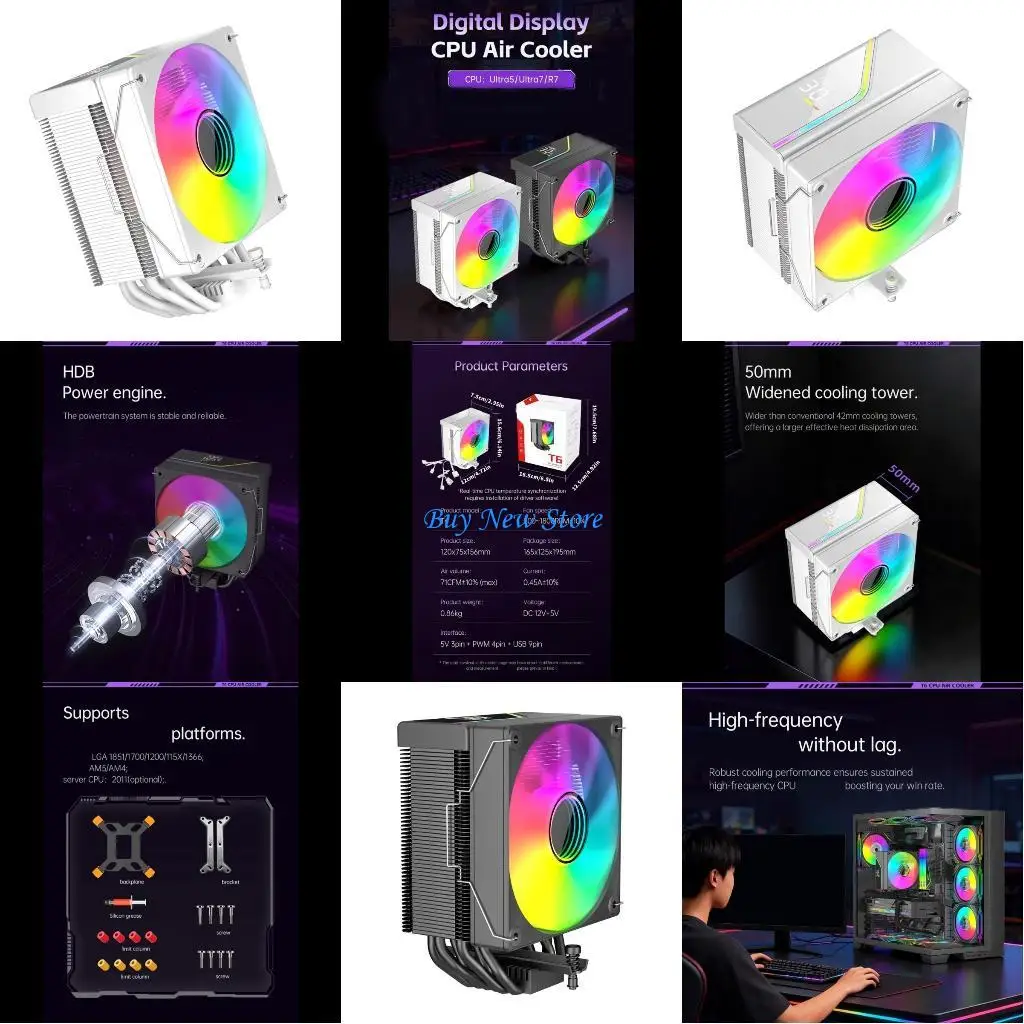 

20CE 6 Copper Heat Pipe CPU Cooling Fan ARGB Lighting Real Time Temperature Display