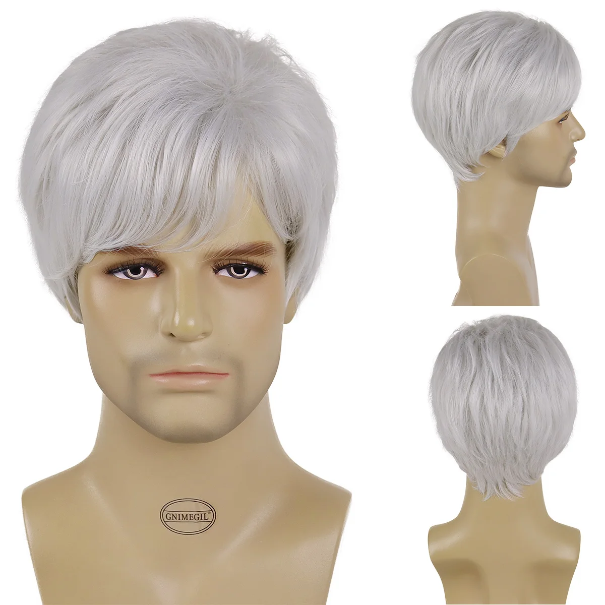

Synthetic Hair Short Grey Wigs for Men Straight Haircuts Male Wig with Bangs Silver Grey Hair Color Old Man Wig Replace
