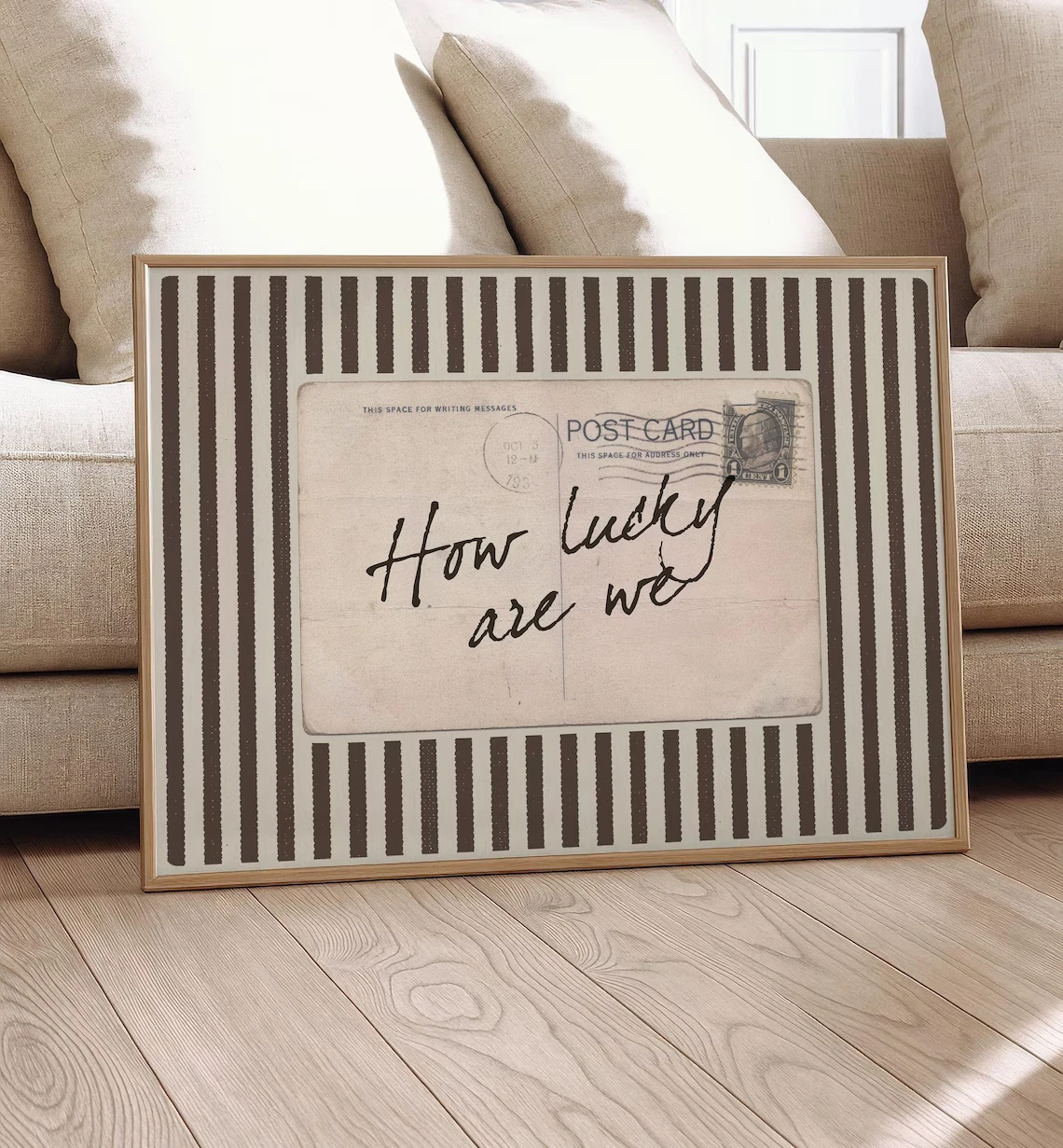 How Lucky Are We Wall Art Postcard Quote Canvas Prints Coquette Brown Striped Aesthetic Poster Old Money Sentimental Decoration
