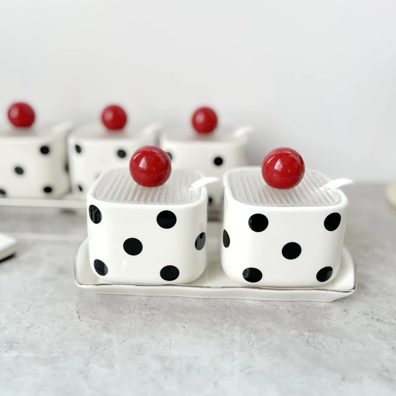 Black-and-white Polka-dot Ceramic Seasoning Jar Simple Household Salt Jar Seasoning Jar Storage Seasoning Box Kitchen Supplies