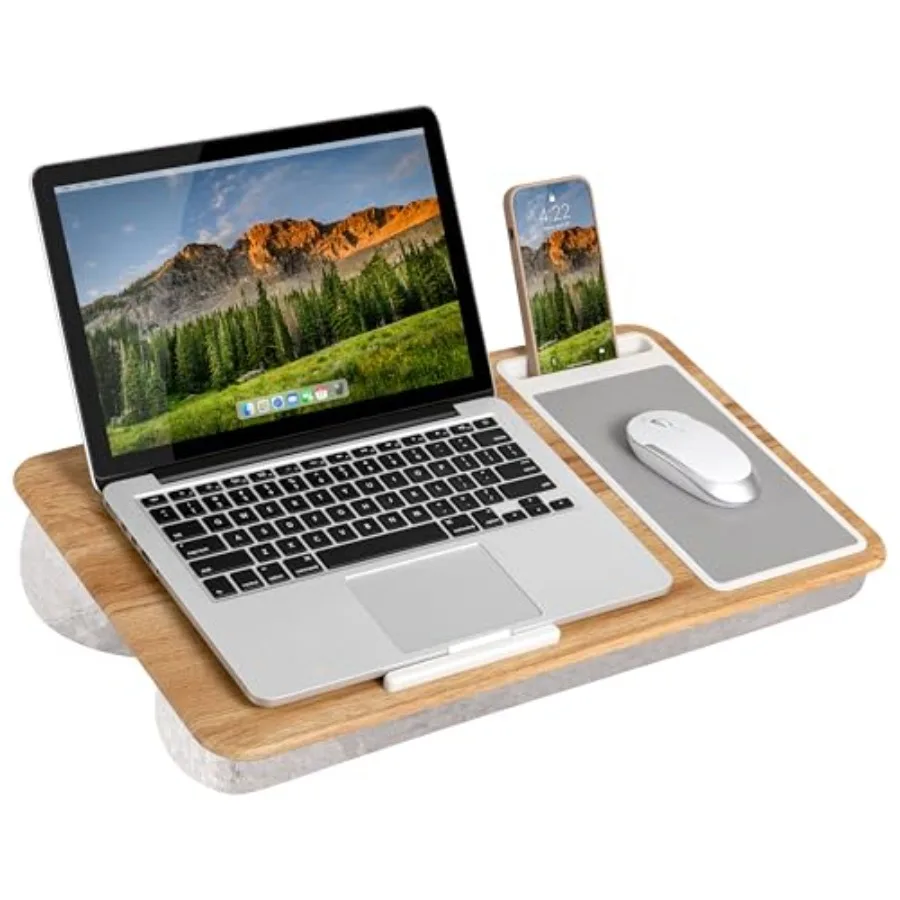 

Home Office Lap Desk with Device Ledge Mouse Pad and Phone Holder in Oak Woodgrain for Up to 15.6 Inch Laptops