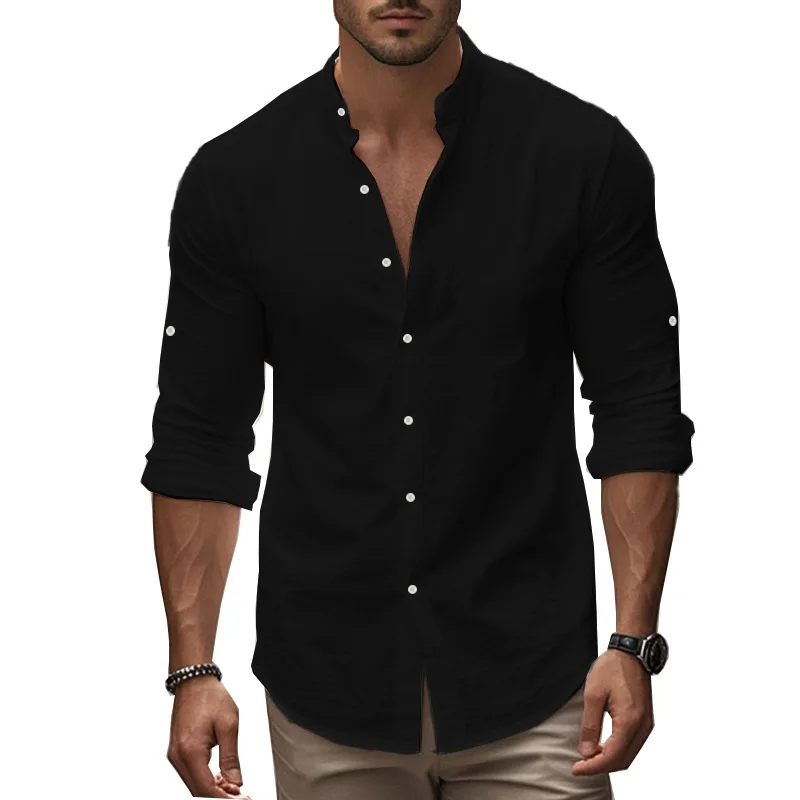 2026 New Arrival Summer Men's Fashion Trendy Casual Long Sleeve Button Stand Collar Seaside Beach Shirt