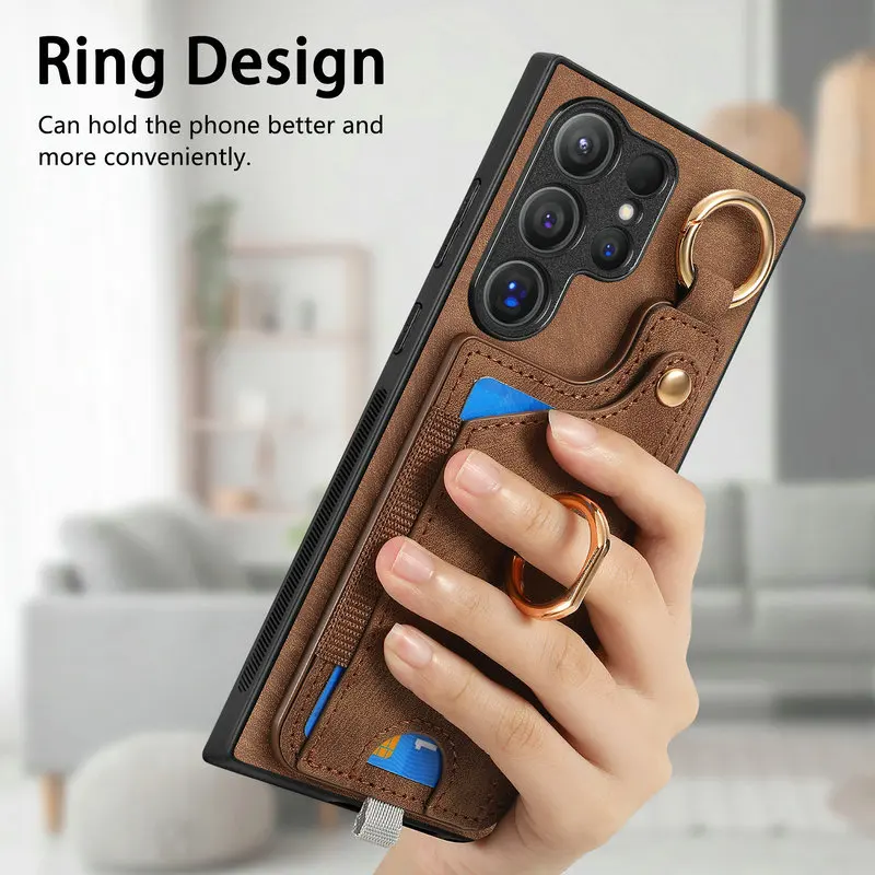 Magnetic Card Case for Samsung Galaxy S26 Ultra 5G Luxury Cover Leather Metal Ring Back Coque Samsung S24 Plus S25 S 24 FE Funda