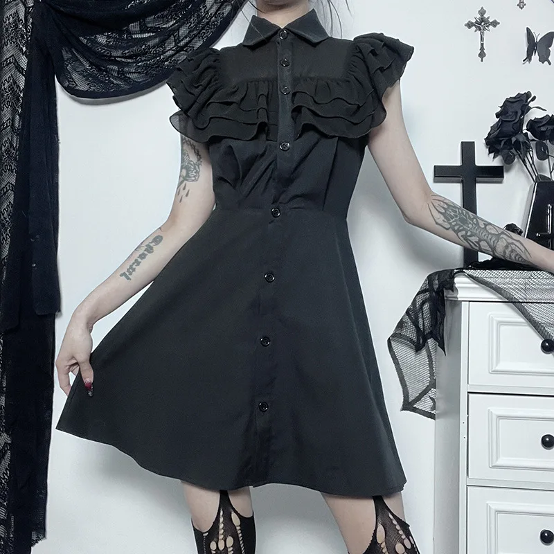 Gothic Vintage Short Prom Dress Women Chic Patchwork Black Slim A Line Dresses Sexy Party Grunge Aesthetic Streetwear Outfits