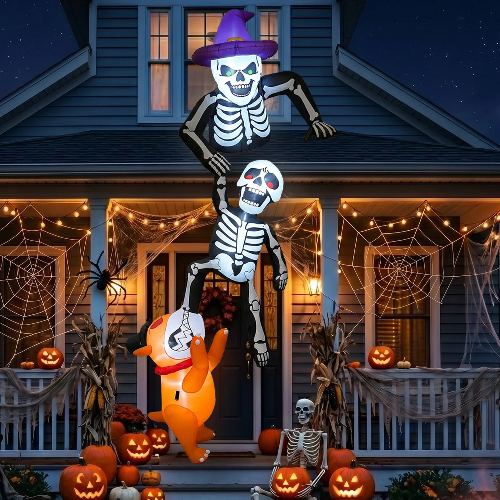 8FT Inflatable Halloween Decorations, Featuring a Dog Biting a Climbing Skeleton, Suitable for Patios, Rooftops, and Parties