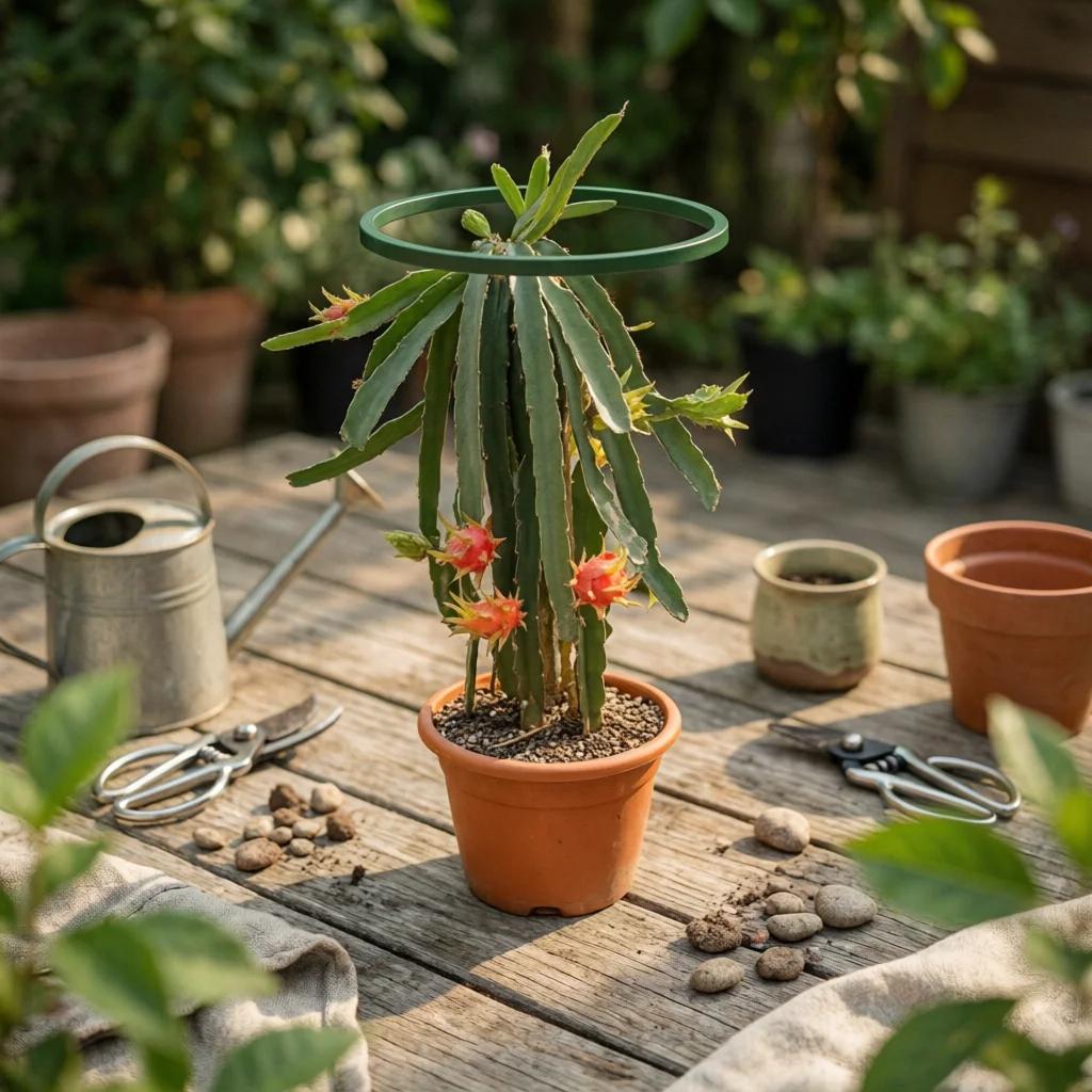 Dragon Fruit Trellis Green Climbing Plant Support with Circular Top Plant Support Frame Indoor Trellis with Base Plate Outdoor