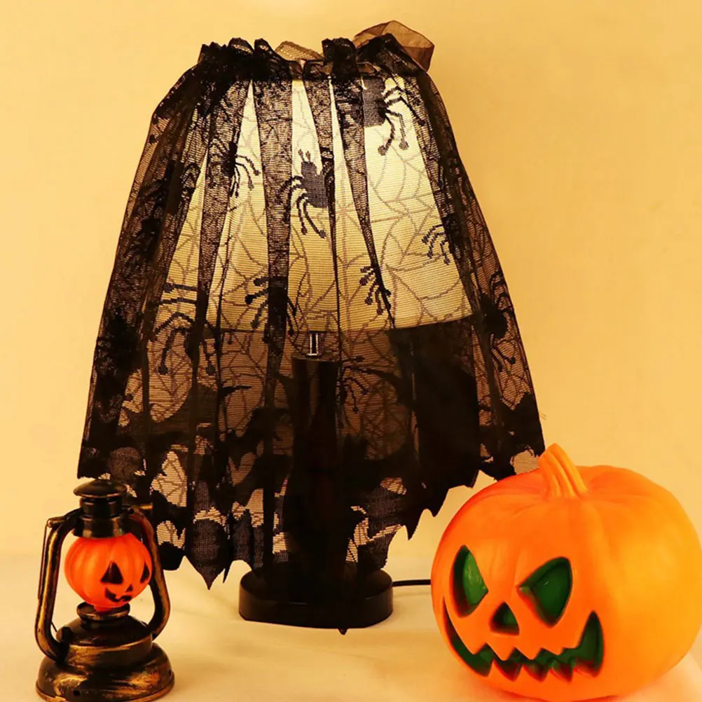

4Pcs Halloween Cobweb Lace Table Runner Stove Towel Lampshade Set Spooky Home Decor for Haunted and Festival Events