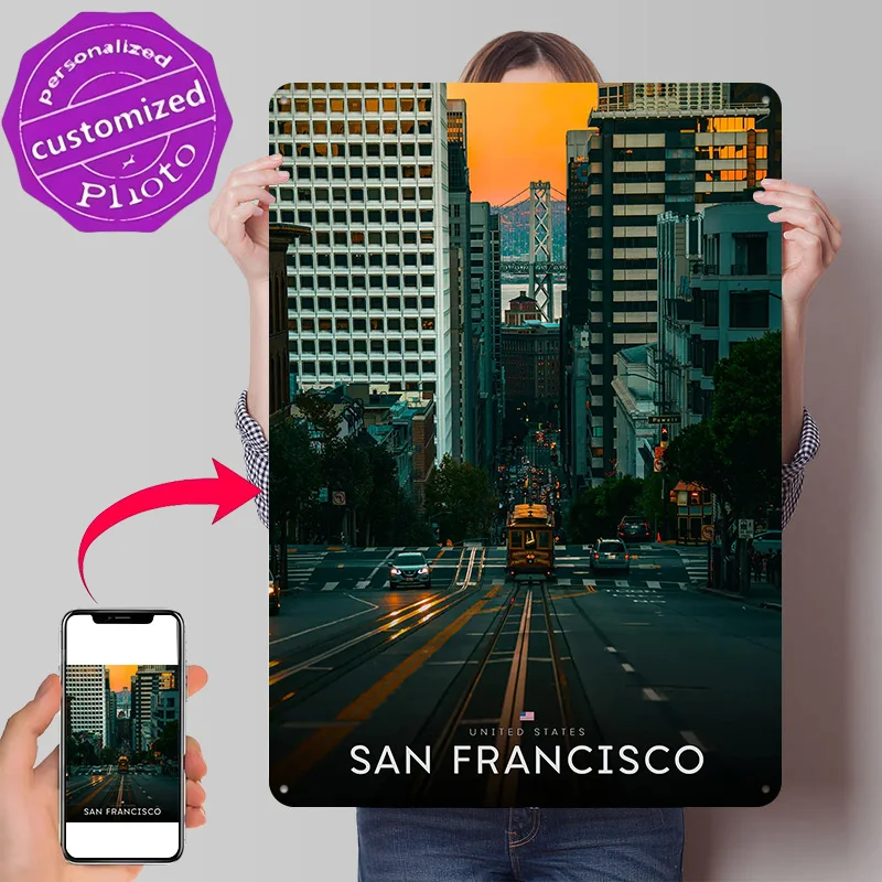 San Francisco Cityscape At Sunset Personalized 3D Textured Metal Poster Wall Art Vintage Tin Signs for Modern Home Decoration