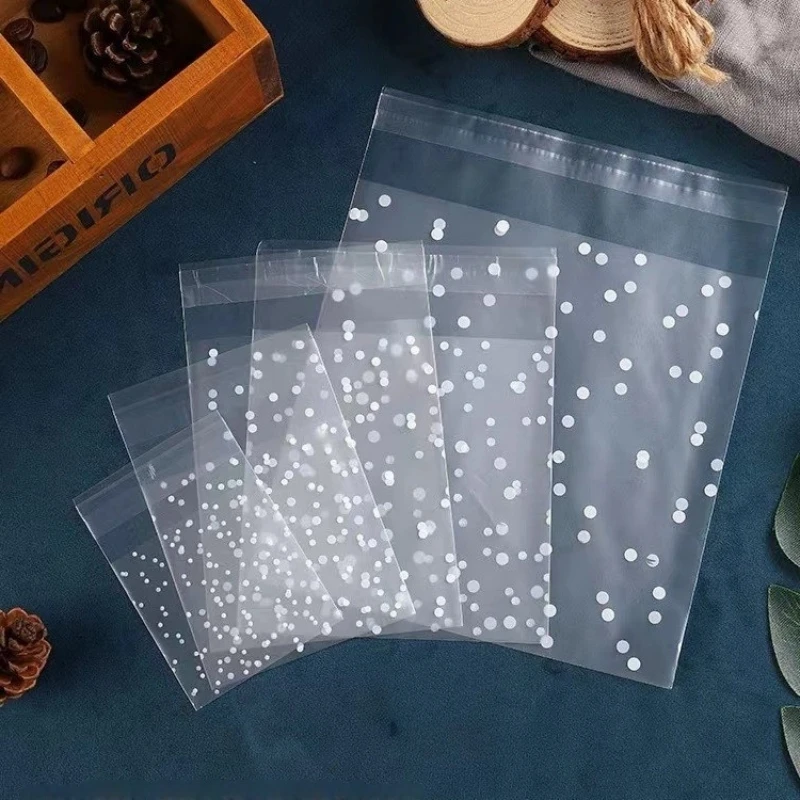 100 Stück transparente Plastik-Cellophanbeutel mit Tupfenmuster, selbstklebende Bonbon- und Kekstüten für DIY-Geschenkverpackungen, Hochzeits- und Partydekoration – Detail 8