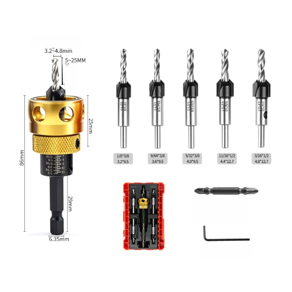 Hard Alloy Adjustable Depth Countersink Drill Bit Set 2‑Flute 5‑25mm Depth‑Stop 3.2‑4.8mm Multiple Sizes Quick‑Change Kit