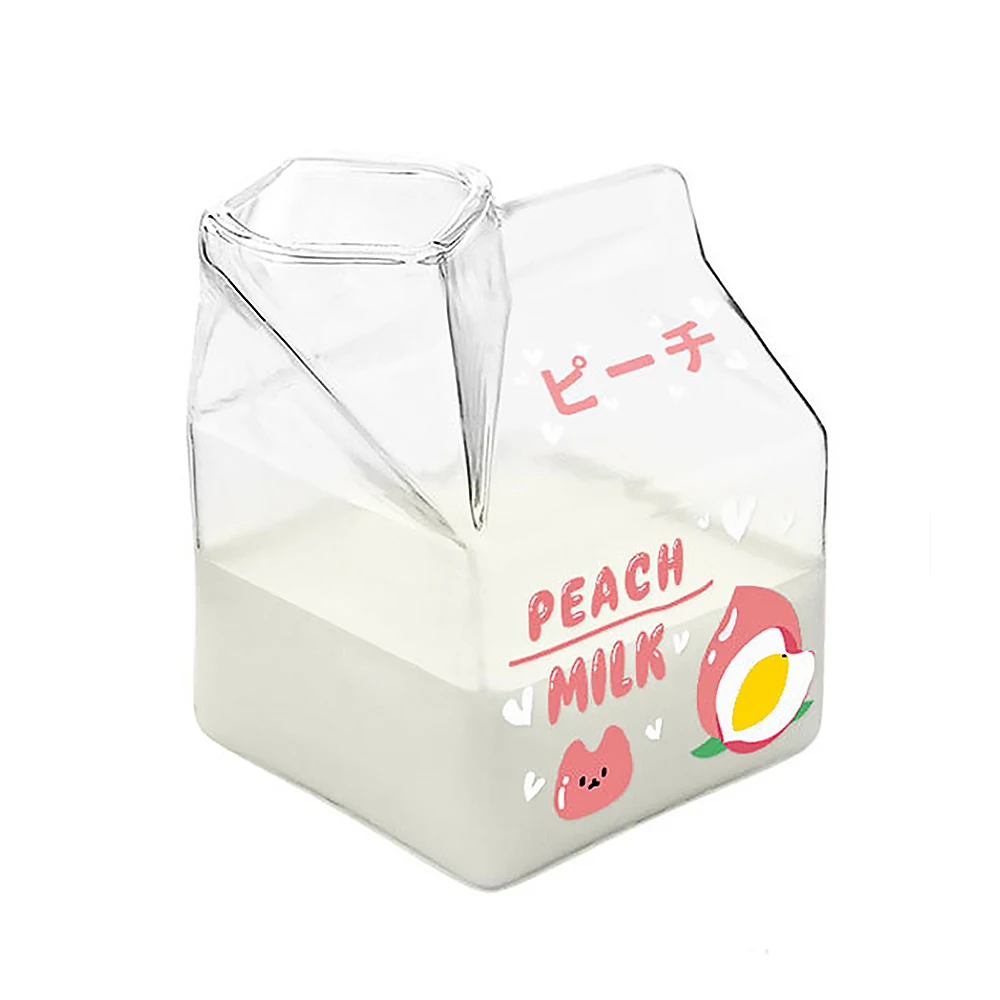 

1 pc 380ml Kawaii Square Milk Carton Glass Cup Heat Resistant Cute Strawberry Peach Breakfast Cup Pudding Cup Milk Bottles