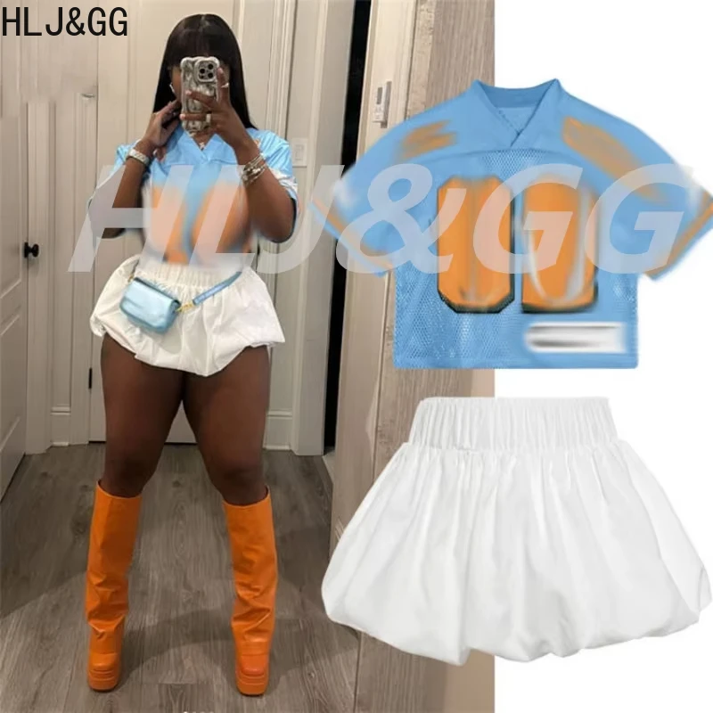 

HLJ&GG Fashion Letter Print Tshirts Two Piece Sets Women V Neck Short Sleeve Loose Top + Mini Bubble Skirt Outfit Streetwear