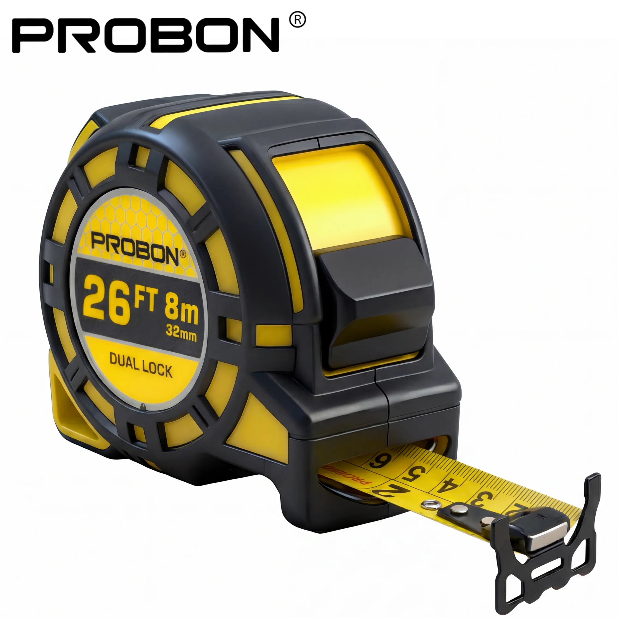 Trena Industrial PROBON 8m/26ft com Fita Dupla Face, Métrica/Imperial, Lâmina de Nylon 32mm, Gancho Magnético, Clipe para Cinto, Estojo à Prova de Choque