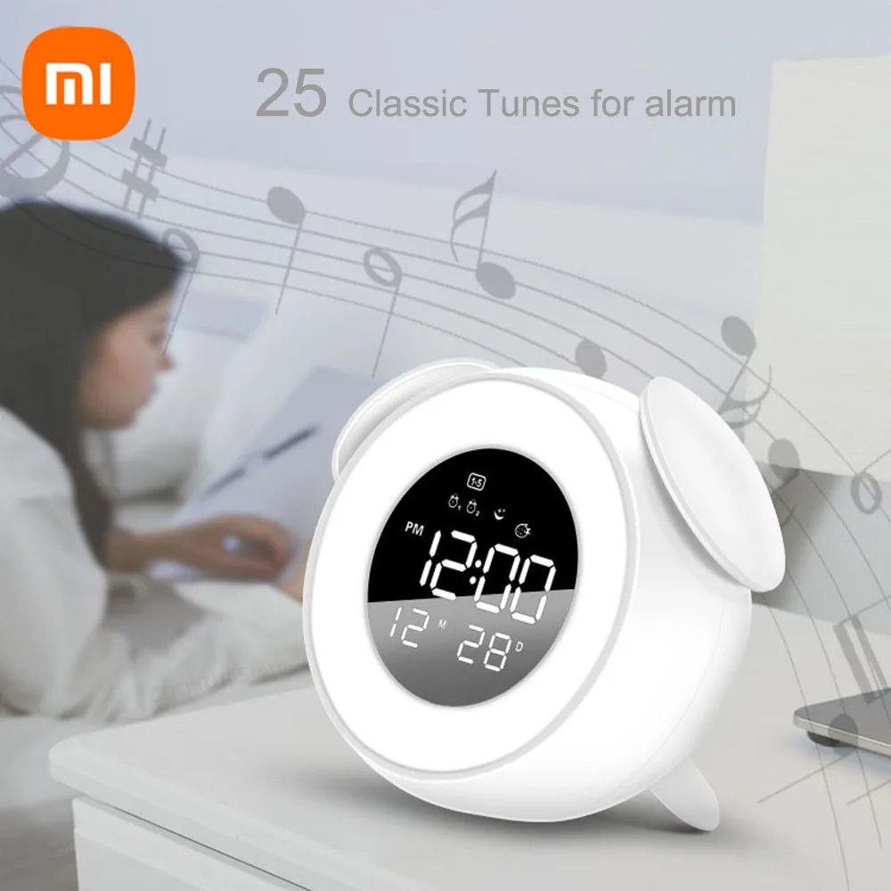 Xiaomi Bedside Sunrise Sunset Wake Up Light Digital Led Music Alarm Clock Bedroom Desk Calendar Clock Table Phone Charger Gift