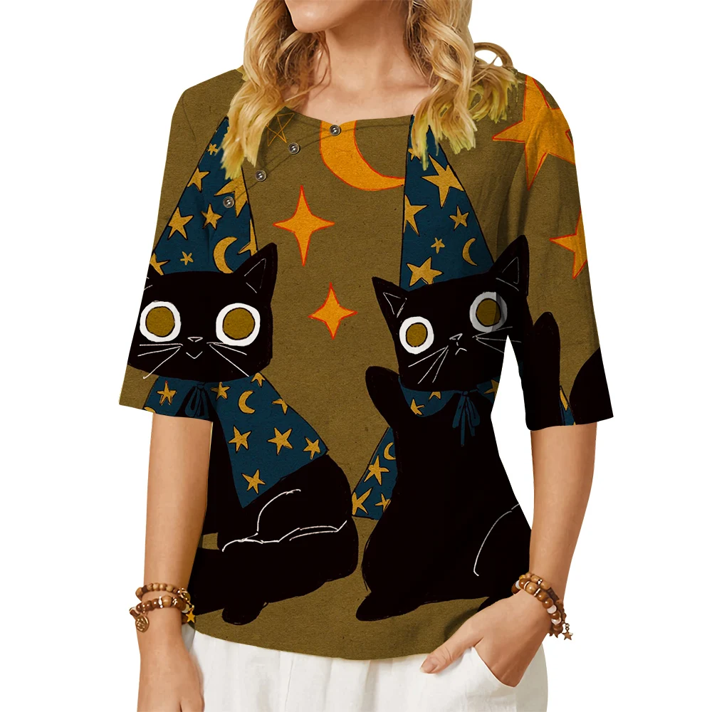 CLOOCL Women T-shirt Halloween Cat Pattern 3D Printed Button Decorate Crew Neck Middle Sleeve Tee Casual Blouse Kawaii Tops