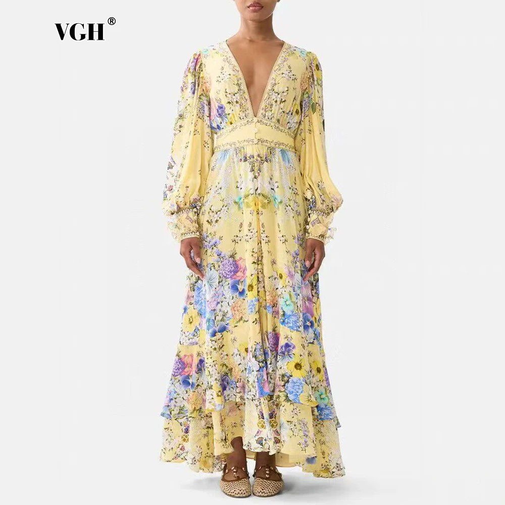 

Желтое макси-платье VGH с цветочным принтом и пышными рукавами для женщин, с глубоким V-образным вырезом, завышенной талией и асимметричным подолом с оборками, для вечеринок в саду