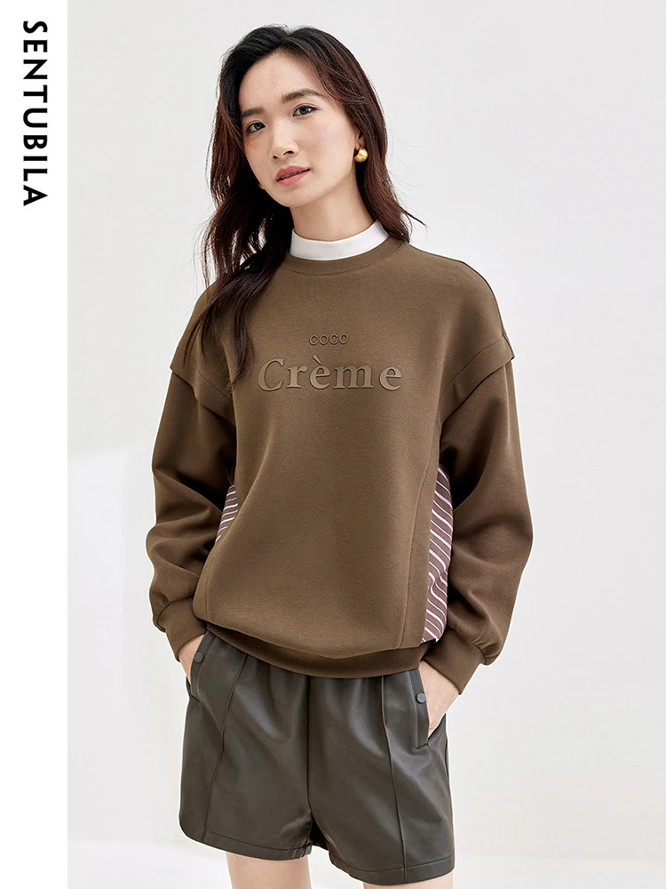 SENTUBILA Spring Autumn Sweatshirt Women Casual Simple Letter Print Pullovers Ladies Crew Neck Striped Patchwork Top 133A51106