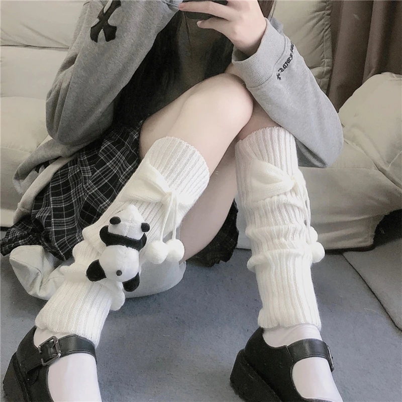 

Women Twist Cable Knitted Leg Warmers Socks Japanese Lolita Kawaii Cute 3D Panda for Doll Hair Ball Bowknot Boots Foot Cover