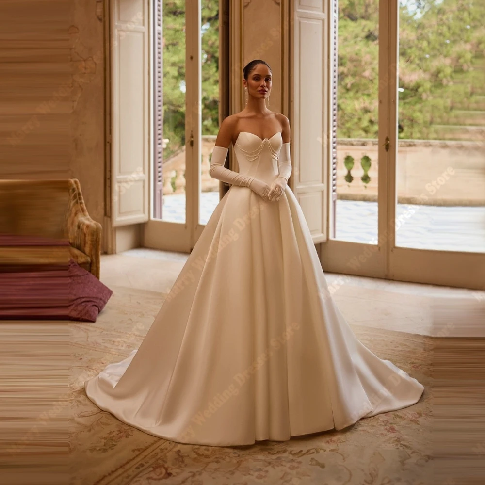 Schulterfreie A-Linie Damen Brautkleider Elegante rückenfreie Satin Brautkleider Party Robe De Mariée ohne Handschuhe Maßgeschneidert