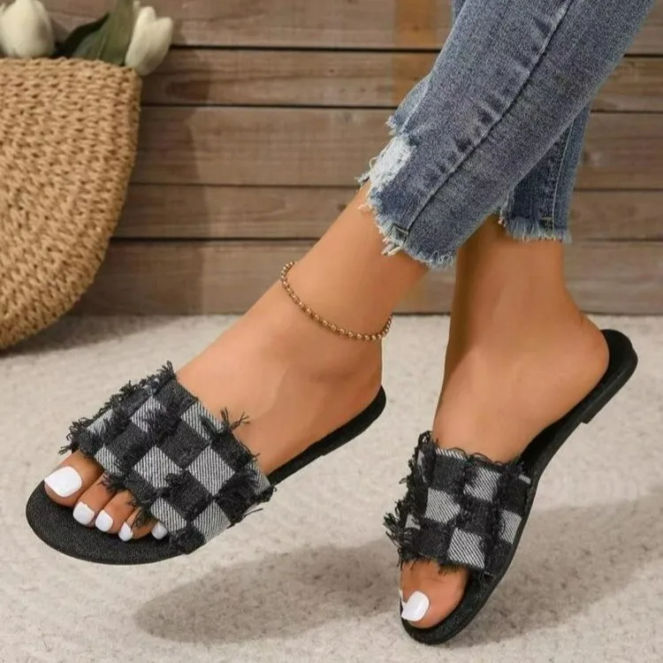 Denim Summer Slippers Women Flat Luxury Outdoor Beach Flip Flops Female Sandals Checkered Design Slides Shoes Woman 2024 Size 43