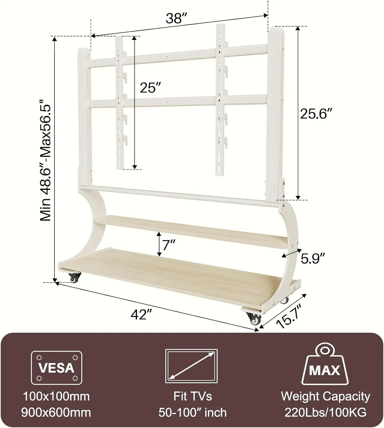 Rolling Easel TV Stand for 50-100 Inch TVs, Mobile TV Cart with Wooden Shelf and Wheels, Modern Floor Mobile TV Stand for Living
