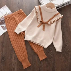 Melario Autumn Winter Fashion Girls Bow Knitted Thick Clothes Sets Kids Warm Long Sleeve Sweater Pants 2pcs Set Baby Girl Outfit