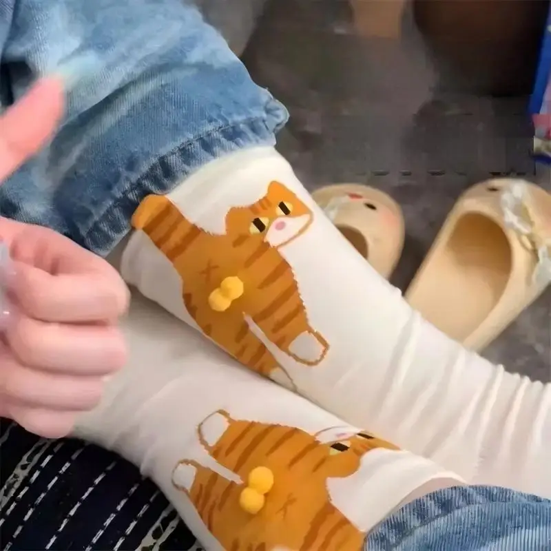 

Женские длинные носки с забавным котом, удобная теплая модная обувь из чистого хлопка на осень и зиму