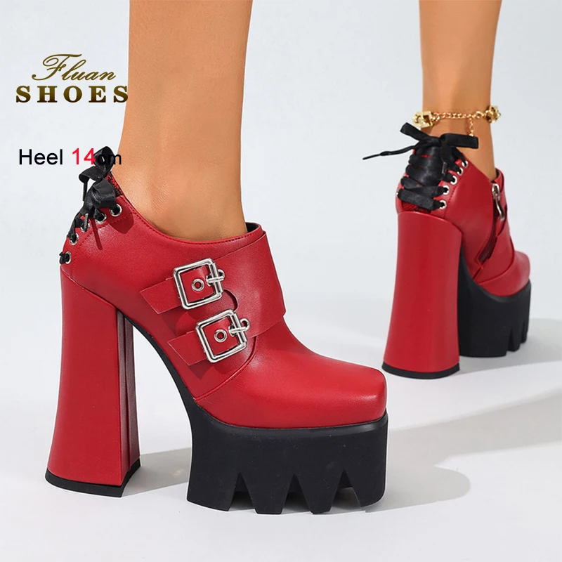 

Fashion Spring Autumn Red Women's Shoes Thick Heels 14cm Side Zipper Shallow Mouth Ladies Pumps Back Lace Up Daily Casual Shoes