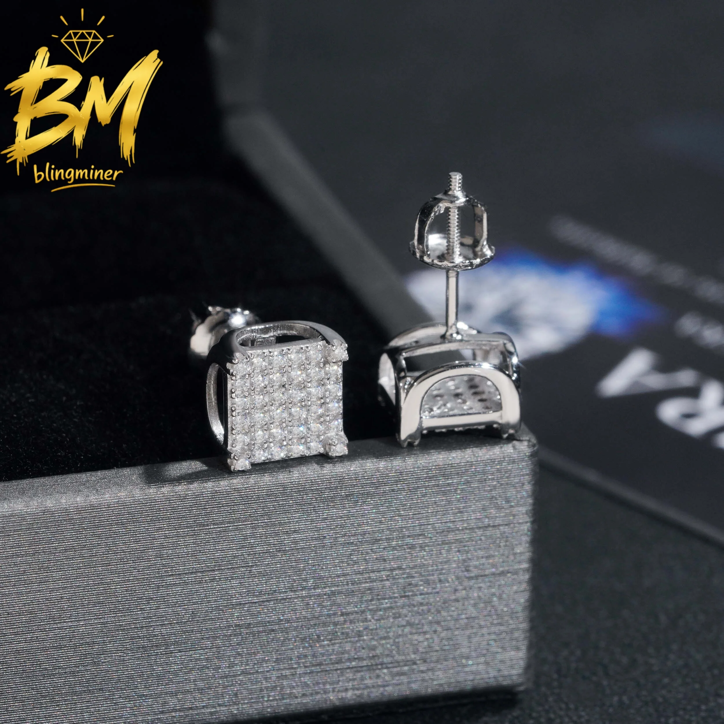 Blingminer Hip Hop Square 8MM S925 Silver VVS Moissanite Earrings For Men Women Ear Studs Jewelry Pass Diamonds Tester Free Ship