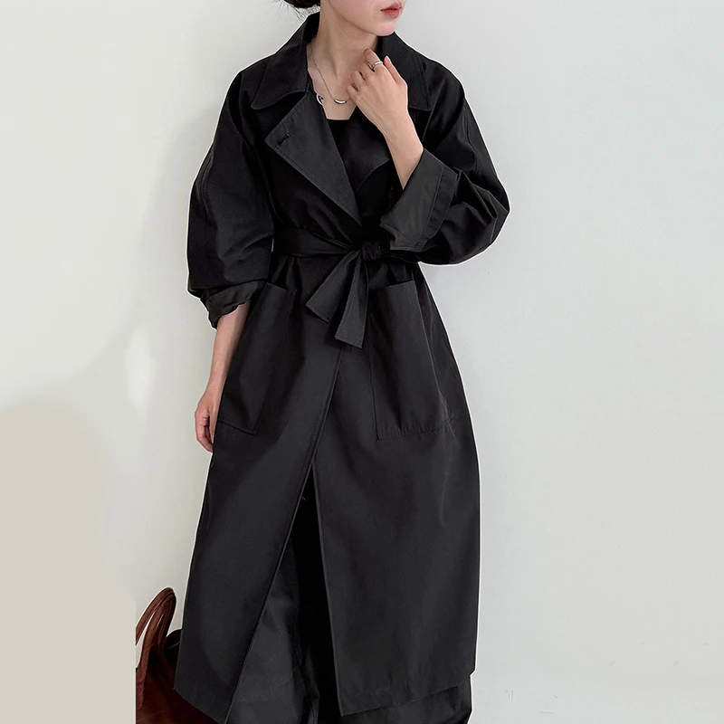 

New Women's High-End Loose Large Pocket Design Black Long Trench Coat Niche Spring Autumn New Loose Tie Waist Windbreaker