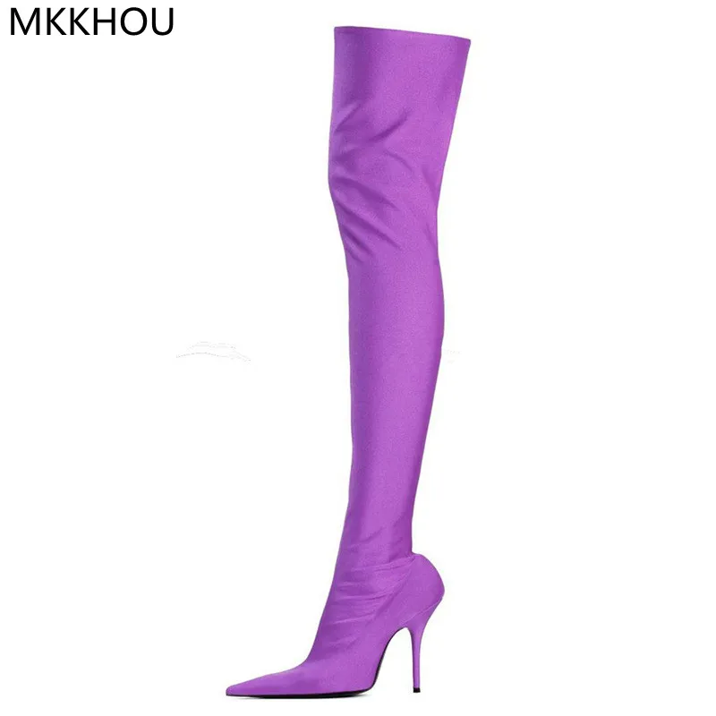 

MKKHOU Fashion Over-the-knee Boots Women New Solid Color Satin Pointed Toe Stiletto 12cm High Heel Tight Elastic Boots Plus Size