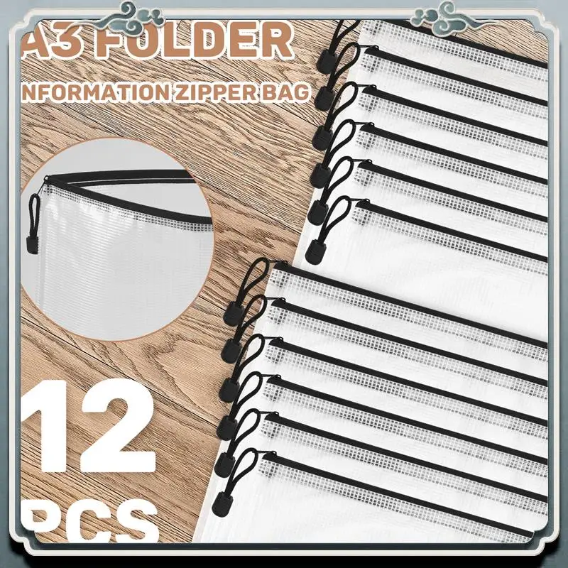Premium 12PCS A3 Folder, Information Zipper Bag Plastic Wallet Mesh File Bag Zipper Bag Zipper Wallet